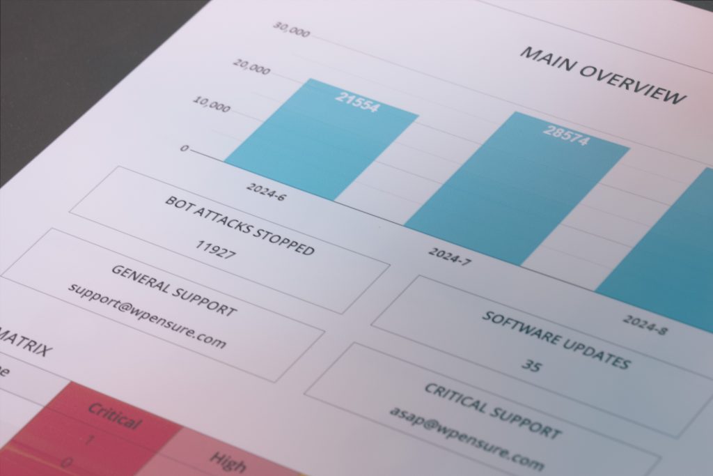 A photo of one of our monthly audit reports showing a visual graph of visitors and a risk table.